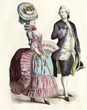 Court mode. Costumes of a French noble couple in fashion around 1780, before the French revolution. Colour engraving.