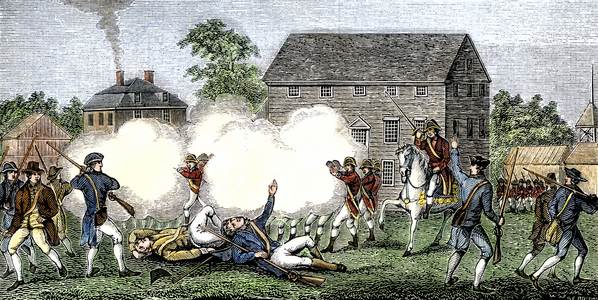 United States of America Independence War (1775-1783): English troops shot American settlers at Lexington, the first battle of the war, 1775. Coloured engraving of the 19th century.