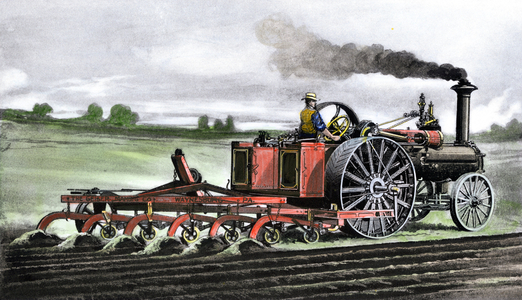 Farmer using a steam plow in the Dakotas, 1890's. Colour engraving of the 19th century.