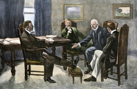 President Theodore Roosevelt (1858 - 1919), President of the United States of America discusses the coal strike with John Pierpont (J.P.) Morgan (1837-1937) and Elihu Root in 1902. Reproduction of a 1902 coloring illustration.