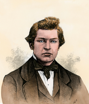 Portrait of James Abram Garfield (1831-1881) at the age of sixteen - Colorisee engraving 19th century - James A. Garfield at age sixteen - Hand-colored woodcut of a 19th-century illustration