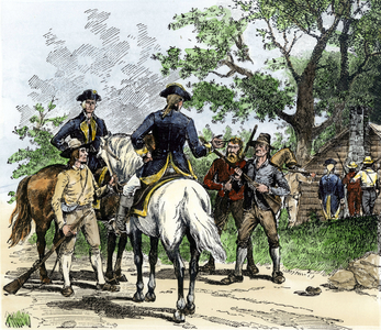 Angrous citizens capturing a tax collector during the Whiskey Rebellion in the 1790s after the formation of the new federal government.