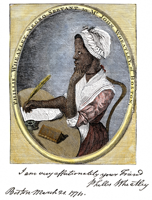 Struggle for the abolition of slavery and revolt of American slaves: portrait of Phillis Wheatley (or Phyllis, 1753-1784), American black poet. Colourful engraving of the 18th century.