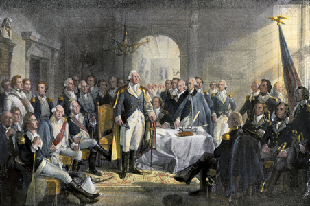 George Washington (1732-1799) with his army generals during the War of Independence of the United States of America (1775-1783). Colour engraving of the 19th century after painting.