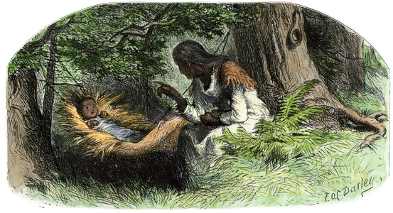 Indian woman telling a story has a baby settled in a small hammock, around 1800. 19th century lithography.