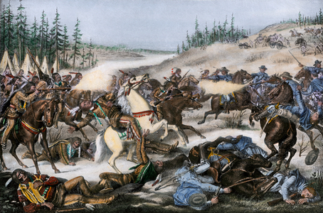 North American Indians: The Capture and Death of Sioux Chief Sitting Bull (1831-1890), South Dakota (USA), 1890 - Colorisee engraving, 19th century - Capture and death of Chief Sitting Bull in South Dakota, 1890 - Hand-colored halftone reproduction of a 19th-century illustration