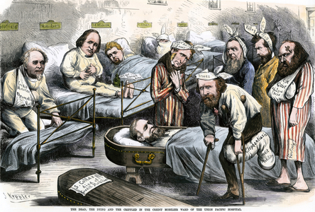 Cartoon showing “the dead, the dying and the estropies of real estate credit in the Union Pacific hospital district”, 1873. Bringing together members of the administration of Ulysses Grant (1822-1885). Illustration by J. Keppler. Engraving on wood colour, 19th century.