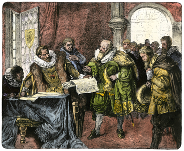 Emperor Rodophe II (1552-1612) signs the letter of majesty granting religious freedom to the Protestants of Boheme, 1609 - Holy Roman Emperor Rudolph II signs the Letter of Majesty giving Protestant Bohemians religious freedom. Hand-colored woodcut of a 19th century illustration