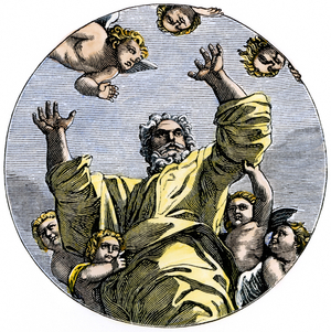 Religion: God creating stars. Engraving after Raphael's painting in the Chapel Chigi in Santa Maria del Popolo, Rome.