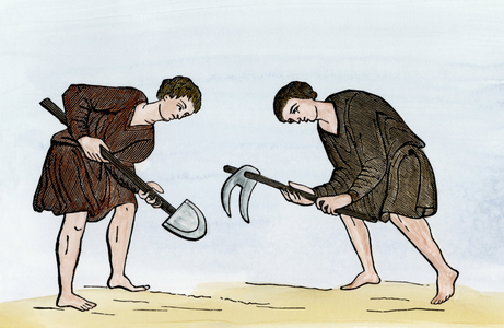 Feodalite: peasants (serfs) working in their field with a hoe and a shovel. 12th century. Coloring engraving.