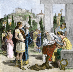 Citizens of Athenes engaged in an open-air conversation of the time of Pericles, 5th century BC. Colourful engraving of the 19th century.