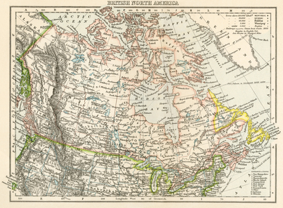 Geographic map of the British-Dominion Territories of North America, c. 1870. Colour engraving, 19th century.