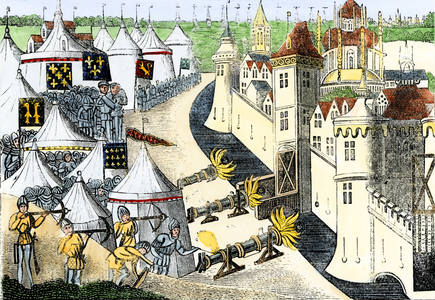 Siege of a city in France during the 100 Years War (1337 to 1453).