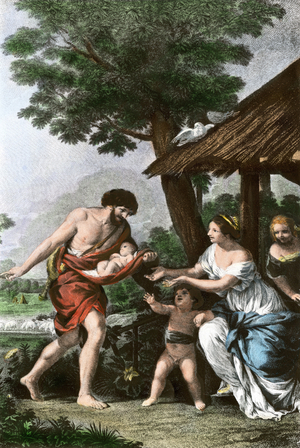 Shepherd Faustulus brings back to his wife Acca Laurentia, the orphan twins Remus and Romulus, founders of Rome (Italy). Printed after a 19th century illustration.