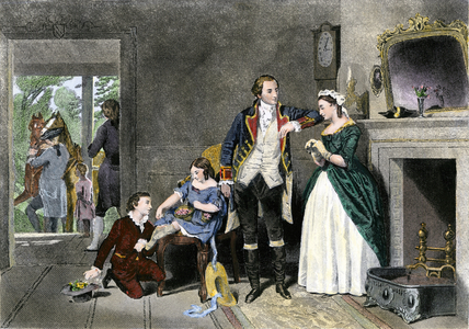 George Washington's first meeting (1732-1799) with Martha Custis (1731-1802), widow with two children, who became his wife. Colouring engraving of the 19th century.