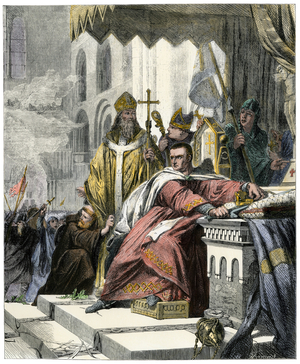 The coronation of William I after his conquest of England, 1066 - Coronation of William I after his conquest of England, 1066. Hand-colored woodcut of a 19th-century illustration