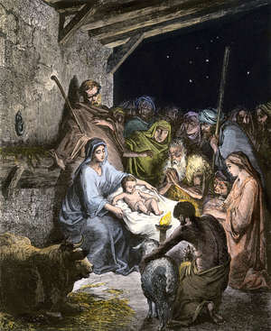 The adoration of the shepherds after the birth of Jesus in Bethlehem.