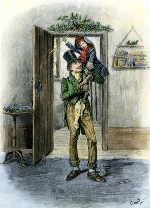 Literature: Tiny Tim wears in triumph, after Charles Dickens “” A Christmas Carol””. Colour engraving, 19th century.