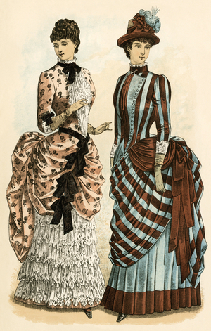 Fashion feminine from the American magazine “Godey's ladies””, 1880 years. 19th century dresses. Colour engraving of the 19th century.