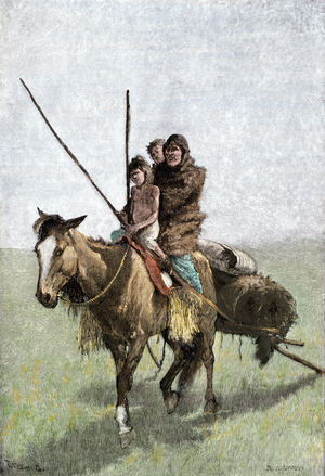 American Indians: Family of American Indians travelling on horseback and pulling a travois in the Great Plains. Colourful engraving from an illustration by Frederic Remington.