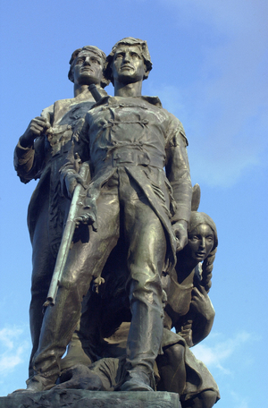 Bronze statue in Charlottesville (VA) representing Captain Meriwether Lewis (1774-1809) and Lieutenant William Clark (1770-1838), American explorers with their American guide Sacagawea.