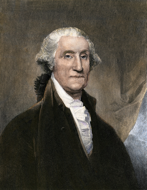 Portrait of George Washington (1732-1799) President of the United States of America, 1795. 19th century colour engraving from a painting by Gilbert Stuart.