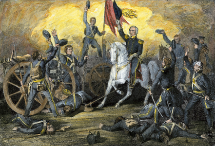 The American-Mexican War (1846-1848) between the United States and the Republic of Mexico: General Winfield Scott (1786-1866) at the Battle of Cerro Gordo. Colourful engraving of the 19th century.