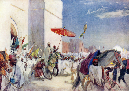 History of North Africa: Royal Procession of Sultan Abd al-Aziz IV (Abd Al-Aziz, 1880-1943), Sultan of Morocco (1894-1908), 19th century. Reproduction of a watercolour by A. Schneider.
