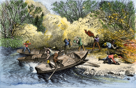 Fire in the camp during the expedition of John Powell (1834-1902), American explorer, on the Colorado River in Arizona during the 1870s (19th century). Engraving. Fire in camp during John Powell's Grand Canyon expedition on the Colorado River in Arizona, 1870s.