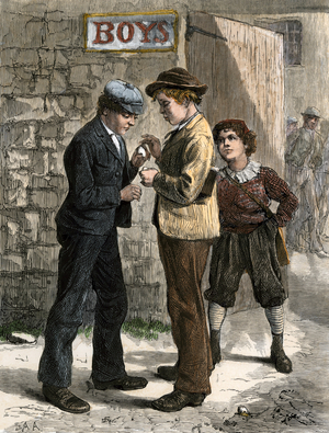American daily life: schoolchildren playing egg breaking, traditional Easter leisure, at school, around 1800. Colour engraving, based on an illustration by E. A. Abbey, 19th century.