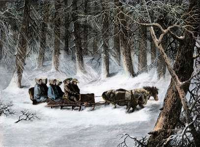 Shaker sleigh ride (Protestantism branch), Lebanon, New York, circa 1800. Coloured engraving, 19th century.