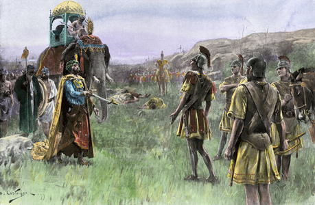 Civilization of Antiquity: The King of India Puru (Poros or Porus, 4th century BC) goes to Alexander The Great, 326 BC. Colour engraving.