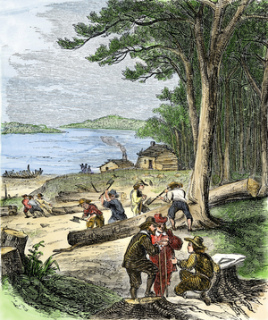 Captain Adrien Block (Adriaen Block, 1567 - 1627) a Dutch sailor and fur trader built a boat in Narragansett Bay (Rhose Island), 1613-1614. Colouring engraving of the 19th century.