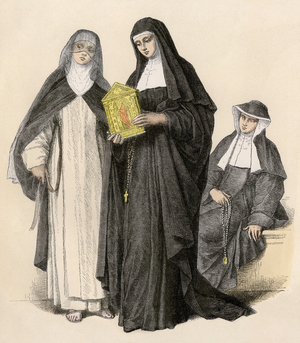 Costumes of the clergy of the Roman Catholic Church: the Augustine nuns (Augustine religious order), late 18th century. 19th century lithography.