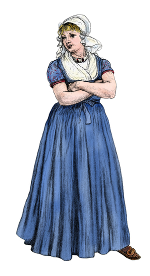 Netherlands: silhouette of a young Dutch woman wearing the traditional dress - Colorisee engraving, 19th century - Silhouette of a Young Dutch woman in traditional dress - Digitally colored woodcut of a 19th-century illustration