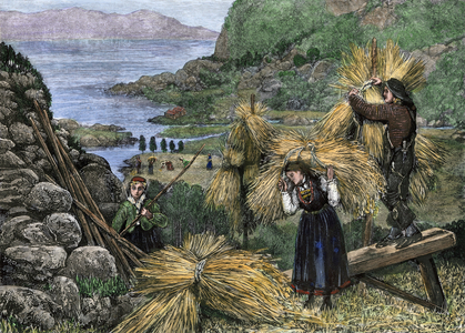 Harvesting a mountain field in Norway, circa 1880 - Colour engraving of a 19th century illustration - (Harvesting a mountain field in Norway, 1880s - Hand-colored woodcut of a 19th-century illustration)