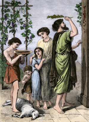 Ancient Egypt, Jewish ritual, 13th-14th century BC, origin of Easter: after the sacrifice of a lamb, a Hebrew family marks the entrance of his house with the blood of the animal, so that the exterminating angel will not take them away and do not take away their first day, (10th plague of Egypt, in the Bible). Colour engraving, 19th century.