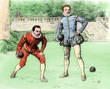 Young men with purpoints playing balls around 1500. Lithograph from 19th century illustration.