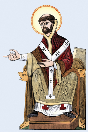 Portrait of Saint Augustine of Canterbury (died 604), evangelizer of the English and first archeveque of Cantorbery. Colour engraving.
