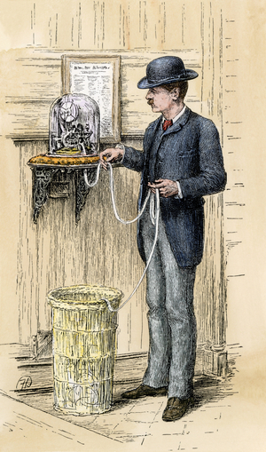 Stock exchange broker reading the telescriptor tape of the New York Stock Exchange, years 1880. Colour engraving of the 19th century.