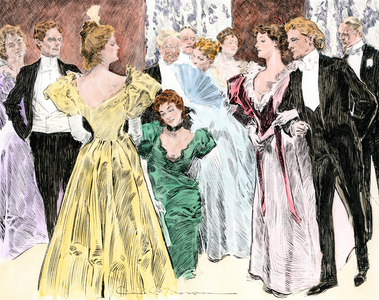 Reception of the American High Society, circa 1890. “Gibson girl”, representation of the ideal American female in the early 20th century, prefiguring the pin up. Lithograph based on an illustration by Charles Dana Gibson (1867-1944).