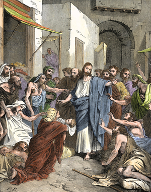 Biblical Scene: Sick people drove to the street for Jesus to heal them. Colouring engraving of the 19th century.