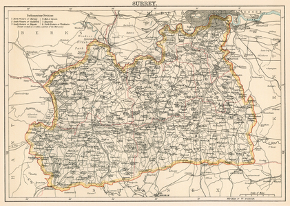 Map of the Earl of Surrey (England), circa 1870. 19th century lithography.
