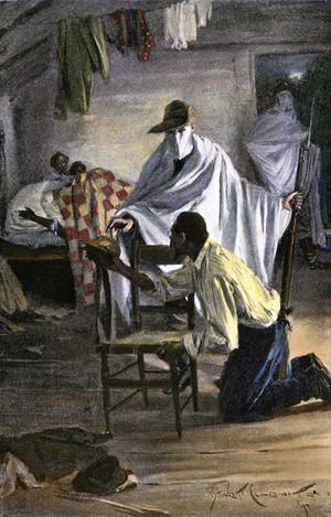Men of the Ku Klux Klan (Ku-Klux-Klan, KKK or KKKK) masked by sheets during a murderous raid on the home of a black family, late 19th century. Colour engraving of the 19th century.