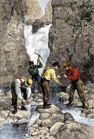 Gold mine in the United States: Gold researchers finding gold pepites in a quarry in Georgia in the 19th century. Colourful engraving of the 19th century.