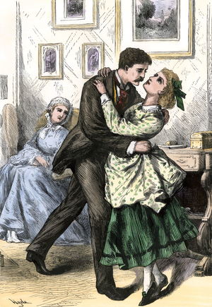American daily life: passionate embrace, a man holds in his arms a young woman who abandons herself, under the eyes of his chaperon's approver, around 1880. Engraving in colour, from 19th century illustration.