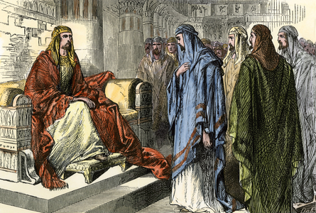 Daniel and his companions (Ananias, Azarias and Misael) meeting the king of Babylon (Mesopotamia), Nebuchadnezzar II (around 630-562 BC). During one of the interviews the prophete Daniel interpreted the king's dreams. Colour engraving of the 19th century.