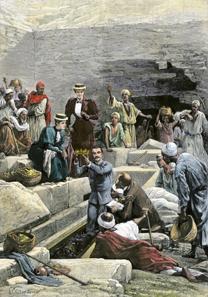 Archaeology: Jacques Jean Marie de Morgan (1857-1924) extracts a gold crown from the tomb of Queen Khnemit's mummy in Dahshur, Egypt, years 1890. Colour engraving of the 19th century.
