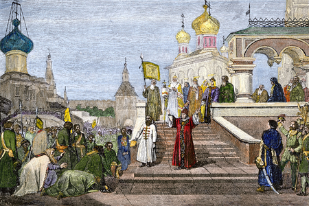 Tsar Peter I at the monastery of Troitsa receives the delegation of Streltsi. 19th century colour engraving.
