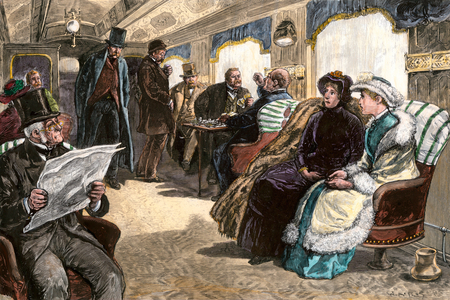 Passengers on the train from New York to Albany, settle in the lounge car, conversing, reading the newspaper or playing cards. Railway train New York Central Railroad, circa 1870. 19th century lithography.